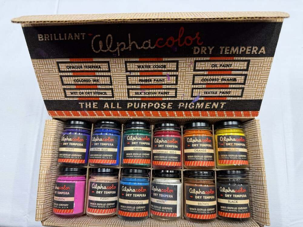 Vintage Weber Costello Alpha Color Tempera Dry Powder Paint 12 Jars in Box *
